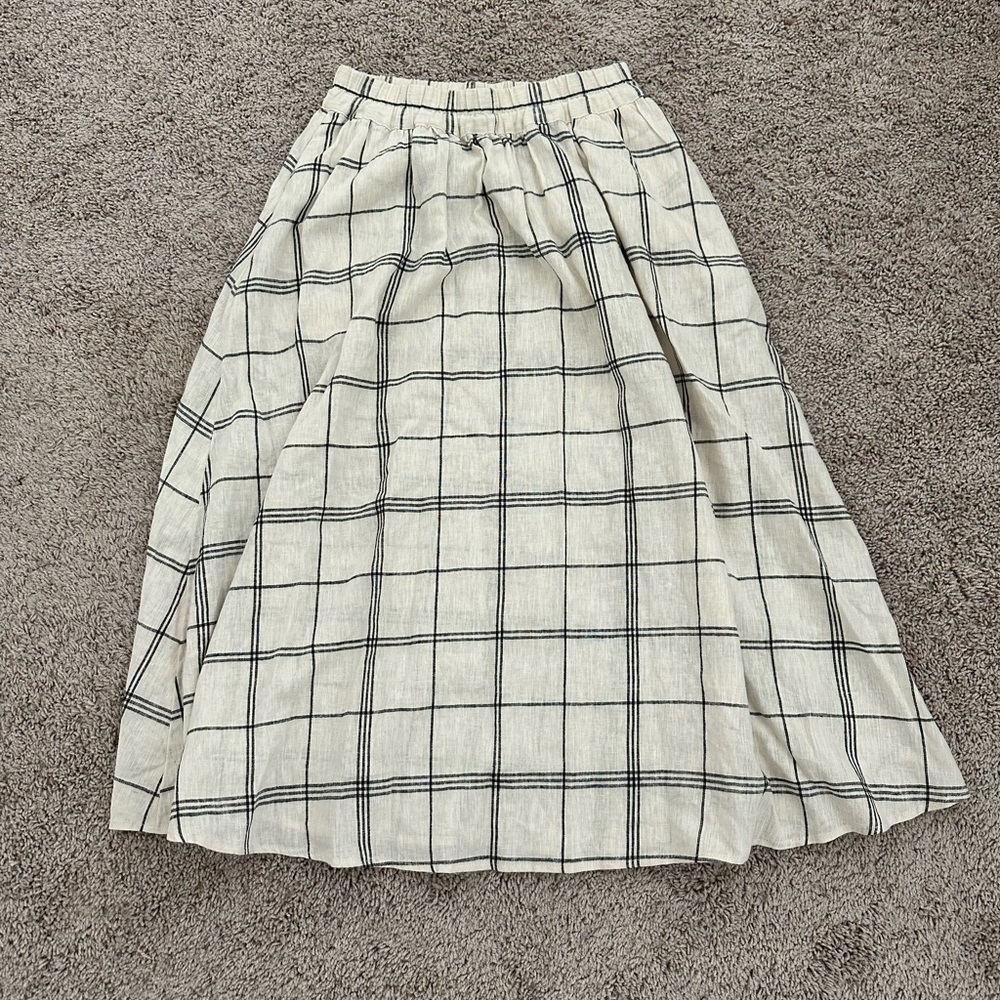 A New Day A-Line Cream with Black Plaid Elastic Waist Linen Blend Midi Skirt XS